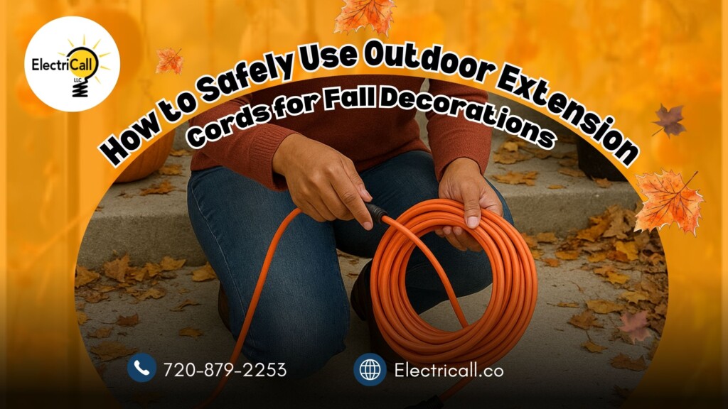 Person coiling an orange outdoor extension cord on autumn leaves, showing safe outdoor electrical setup for fall decorations by ElectriCall in Arvada.