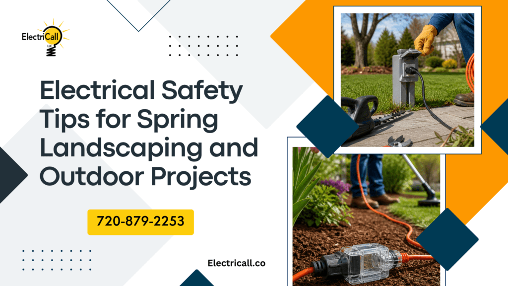 Outdoor electrical outlet and extension cord in use during spring landscaping with safety precautions